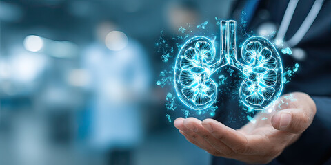 Urologist holding an anatomical model of the male urinary system. Focus on kidney and urinary health, prevention, function, medical consultation, urological diseases, and evaluation