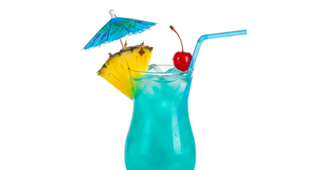 Blue cocktail with pineapple, cherry, umbrella, isolated on white isolated on transparent background