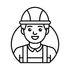 Funny cartoon drawing of a smiling construction worker character with a safety helmet