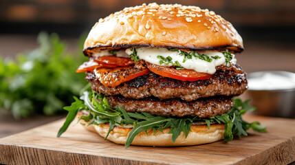 Juicy double beef burger with roasted tomato, greens and herb mayo on sesame bun