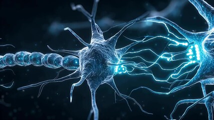 Illustration of synapse and neuron on a blue background. glowing neurons network with synapses transmitting signals in dark background showing brain activity and neural connections concept - Powered by Adobe