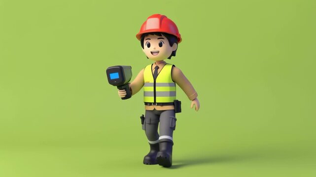 Animated Construction Worker Walking Confidently with Toolbox in Bright Green Background