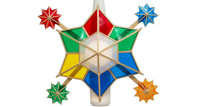 Colorful starshaped parol lantern with smaller stars, isolated on transparent background