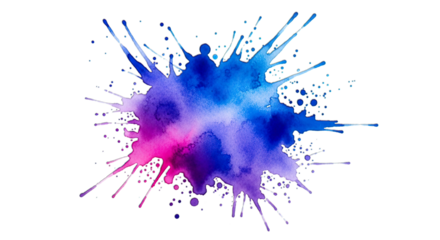 Vibrant watercolor paint splash in blue and pink, isolated on transparent background