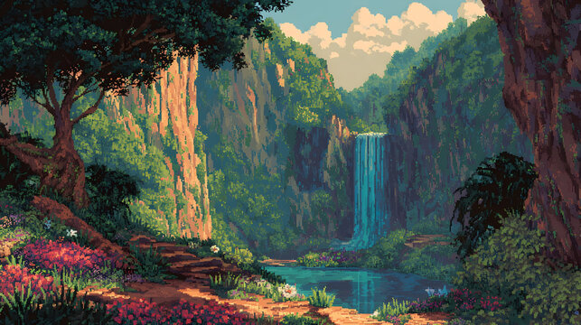 Retro 16 bit jungle paradise with tall waterfall tropical landscape