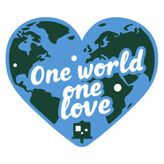 heart-shaped globe | "One World One Love" text | sticker illustration | bold outline | pastel colors | kawaii earth design | unity and love theme | playful globe character | eco-friendly vibes | cheer