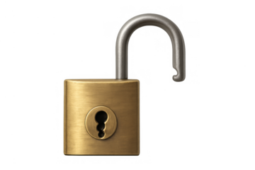 Open brass padlock with keyhole showing security, access, unlock, and protection concepts on transparent background