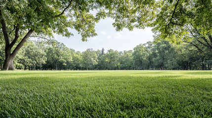 Lush green park lawn under shady tree canopy on sunny morning