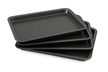 Black rectangular non-stick metal baking sheets for oven preparing food, stacked together, transparent background