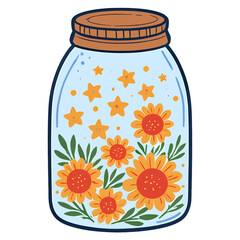 glass jar | full of stars and flowers | cozy cottagecore aesthetic | sticker illustration | pastel palette | bold outline | whimsical magical vibe | kawaii nature design | soft glow accents | charming