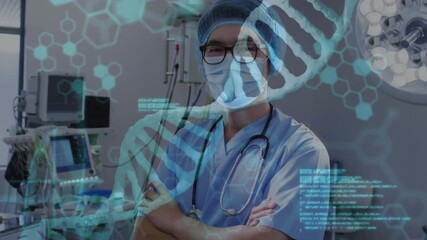 A surgeon in a surgical room is overlaid with graphics of DNA and code - Powered by Adobe