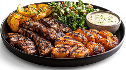 Grilled meat kebab platter with roasted potatoes, charred vegetables, tabbouleh and dipping sauce