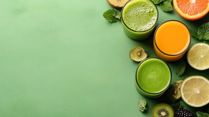 Fresh green smoothie orange juice with citrus and kiwi slices, vibrant refreshing drink scene