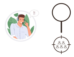 Male call center agent wearing a headset surrounded by leaves, next to a magnifying glass and target symbol with a group of people. Ideal for customer support, audience targeting, communication