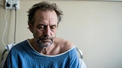Caucasian man patient with despair or mental health issue in a hospital gown, suffering from psychiatric disorder and depression