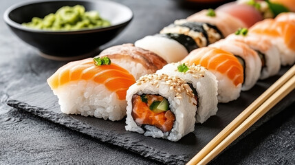 Fresh sushi nigiri and maki roll on slate with chopstick and wasabi