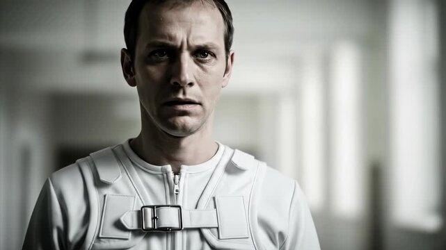 Caucasion man in straitjacket in mental hospital corridor looking distressed. Psychiatric disorder and institution concept.
