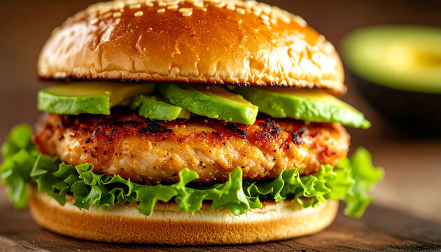 Juicy chicken burger with avocado and fresh lettuce, delicious fast food, appetizing and mouthwatering