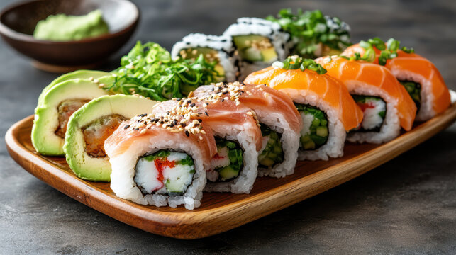 Fresh salmon and avocado sushi roll platter with seaweed salad and wasabi - Powered by Adobe