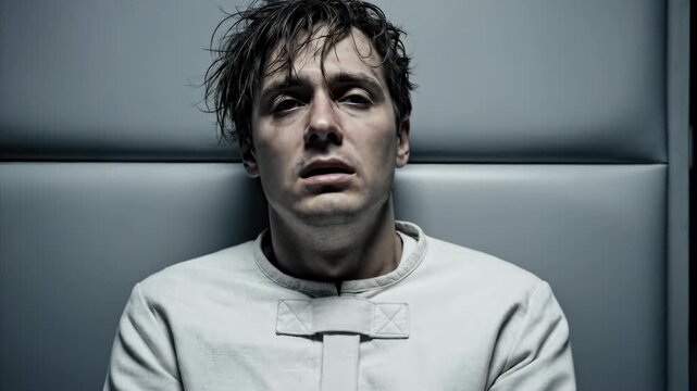 Man in straitjacket experiencing distress and mental health issues in an asylum room, showing emotional struggle and confinement.