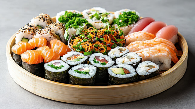 Fresh assorted sushi platter with nigiri, maki rolls and garnished salad - Powered by Adobe