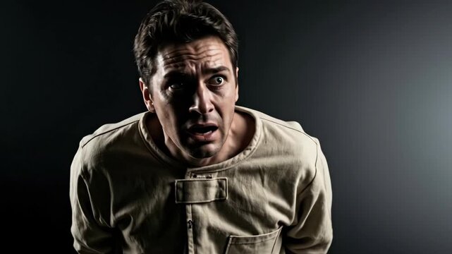 Man in straitjacket experiencing distress and fear due to mental health disorder. Concept of psychological hospital and psychiatric treatment.