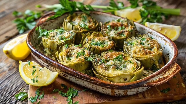 Italian baked stuffed artichokes served a rustic ceramic baking dish on a wooden surface with fresh parsley and lemon wedges