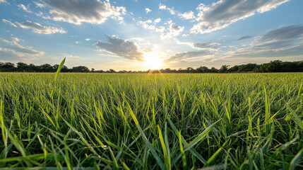 Fresh tall grass sunset over open meadow with warm glowing sky