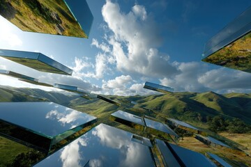 sky is divided into floating glass panels, each displaying a different natural landscape