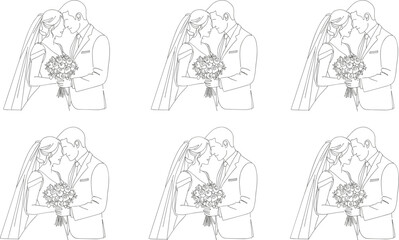 Wedding couple line art vector illustration, bride and groom portrait, romantic love sketch, holding flower bouquet, minimal black and white outline design.