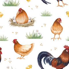 Vintage seamless poultry yard pattern on isolated background. Watercolor illustrations depicting brown hens, a rooster, chickens and grass. Realistic bird drawing for agriculture, packaging, wallpaper