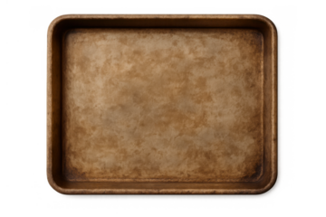 Empty baking tray concept on transparent background, used rustic metal baking sheet, cooking utensil, kitchenware, top view