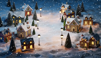Miniature Christmas village at night with snowy houses, glowing street lamps and falling snow, winter background with copy space in center for festive greetings, cards and holiday.