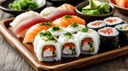 Fresh salmon sushi roll tuna nigiri rice avocado wasabi soy sauce