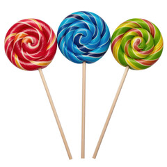 Three Colorful Spiral Lollipops on Sticks Isolated on Transparent Background