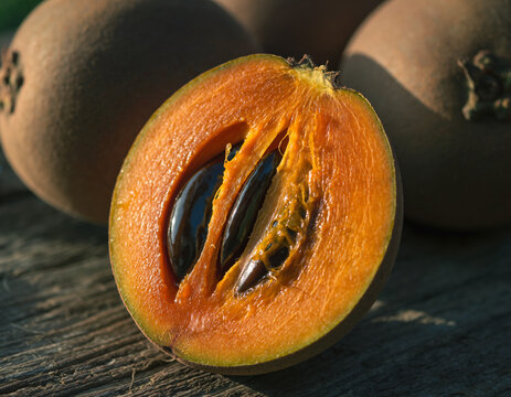 Macro close-up ripe mamey sapote fruit in tropical rustic scene