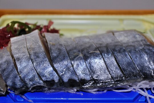 Shimesaba (vinegared mackerel sashimi) purchased at a supermarket in Tokyo, Japan