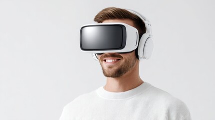 Virtual Reality Immersion: A man immersed in a virtual reality experience, wearing a VR headset and headphones, smiles with anticipation and wonder.