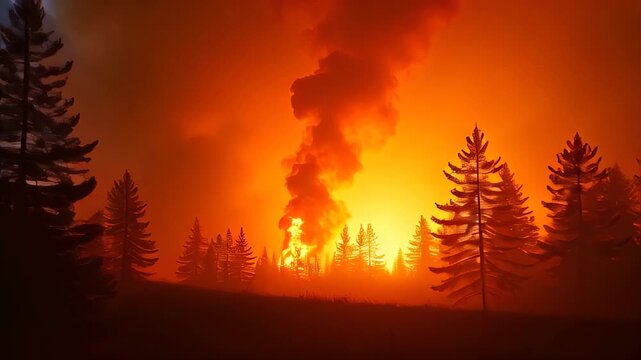 Smoke billows from a forest fire in the evening