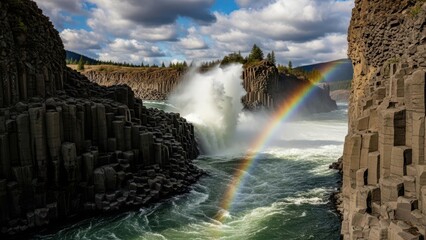 Dramatic waterfall cascading through basalt columns a vibrant rainbow arches across the scene showcasing natures power and beauty