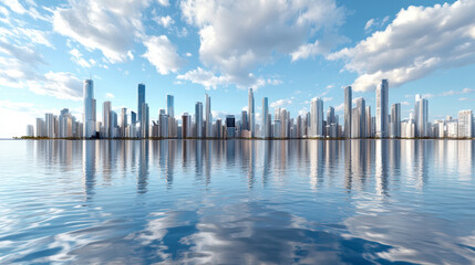 Fototapeta premium Futuristic skyline hovering above water serene reflective cityscape with clouds