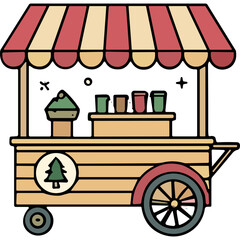 Naklejka premium Charming Ice Cream Cart with Striped Awning and Tree Emblem Serving Frozen Treats in a Nostalgic Setting