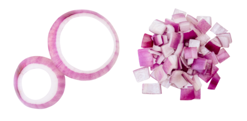 Top view set of fresh red or purple Spanish onion rings and cube shape of onion slices in stack isolated with clipping path in png file format
