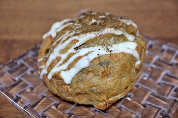 Hojicha tea cream puff purchased at a supermarket in Tokyo, Japan