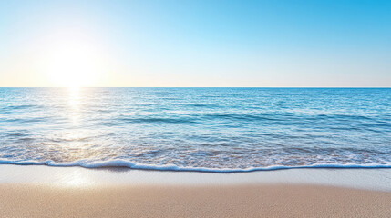 Gentle calm oceanfront mood blank smooth center sunrise over sandy beach and tranquil sea