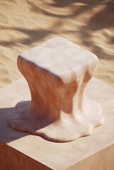 Abstract melting marble block on sand with desert shadows