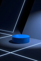 Blue cylindrical podium with glowing neon lines in futuristic space