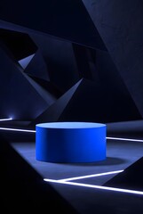Futuristic blue display podium in abstract geometric dark space