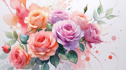 Pink, lavender, peach, and coral watercolor roses with green leaves. Pastel abstract splashes and droplets create a dreamy, elegant, and ethereal feel. Wallart, Mother's, Valentine Day greeting card