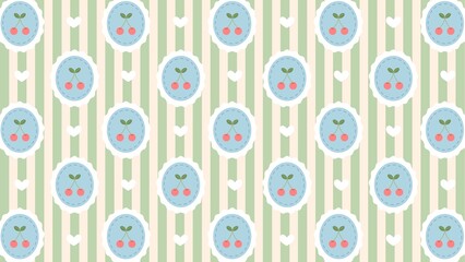 Retro seamless pattern with sweet red cherries in light blue ovals on a pastel striped background,...